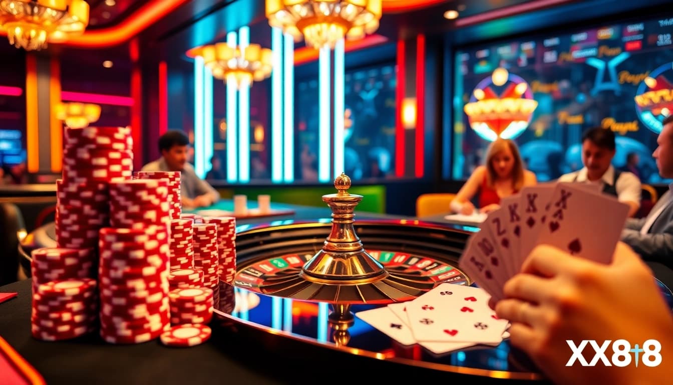 Engaging XX88 casino scene showcasing thrilling gameplay with poker chips and a roulette wheel.