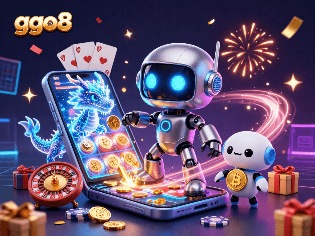 Experience excitement with ggo8's vibrant slot game and crypto-themed 3D illustration, showcasing thrilling gameplay.