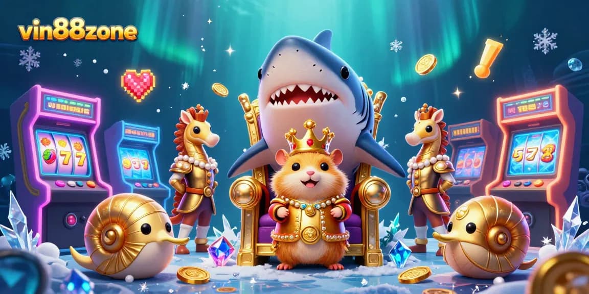 Engage with thrilling casino adventures at vin88zone amidst colorful game machines and royal guardians.