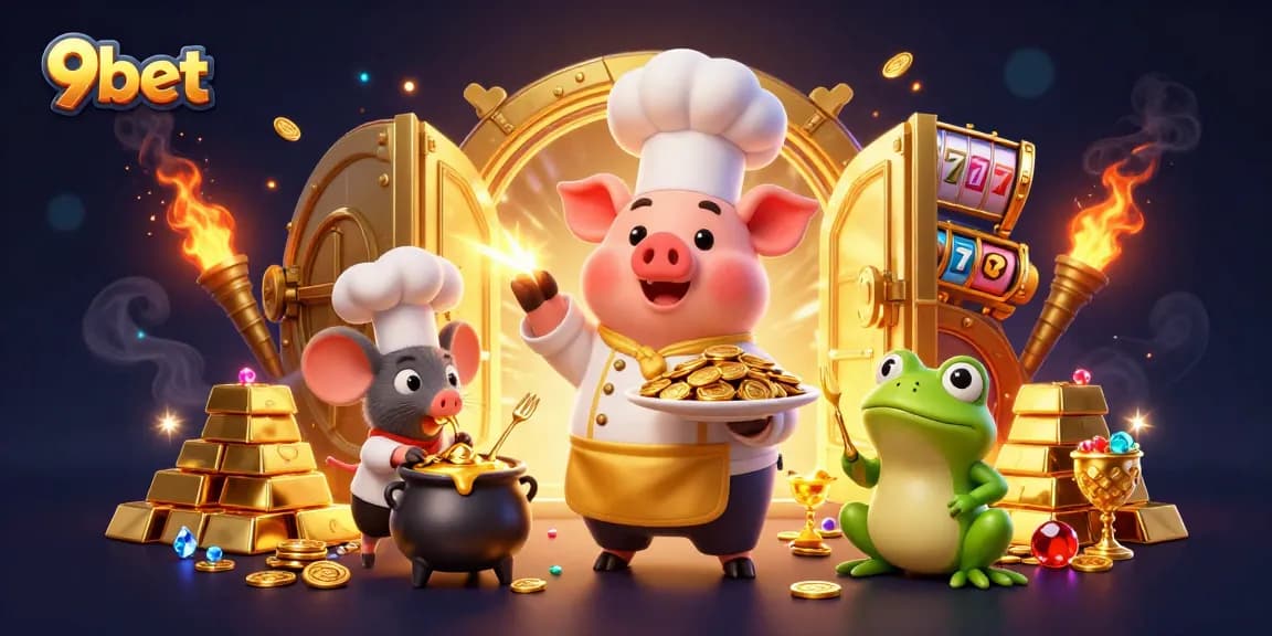 Engage with 9bet's exciting casino scene featuring chefs serving treasures in a vibrant, gold-filled atmosphere.