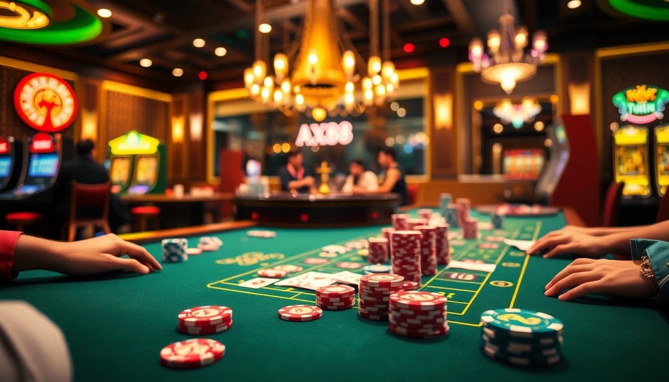 Players enjoying AX88-themed online games at a vibrant casino table with colorful chips and cards.