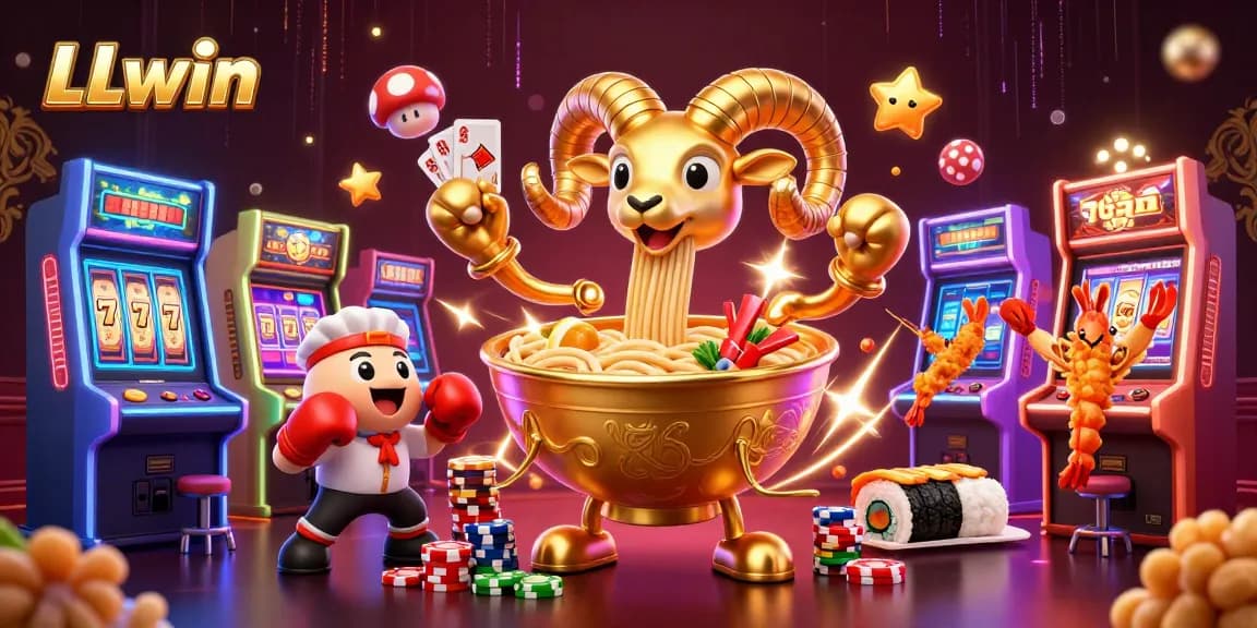 Engaging LLwin casino scene with dynamic characters, slot games, and vibrant energy effects.