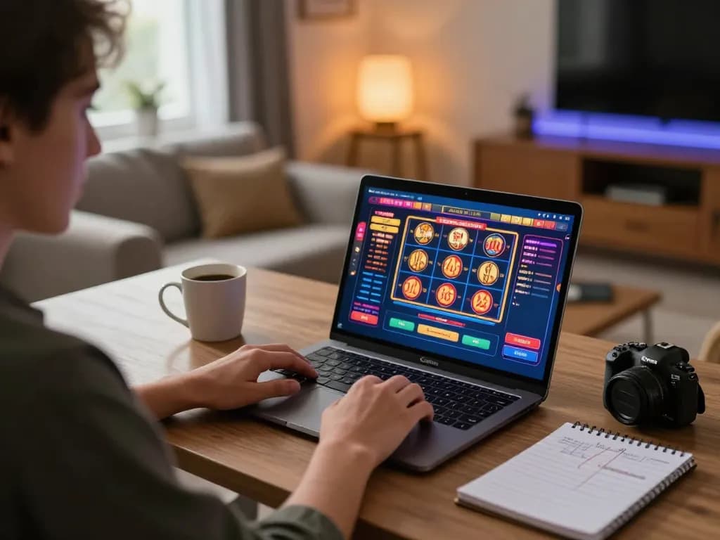 Engaging in online gaming with tx88.rent, showcasing a laptop displaying vibrant casino games and strategic notes.