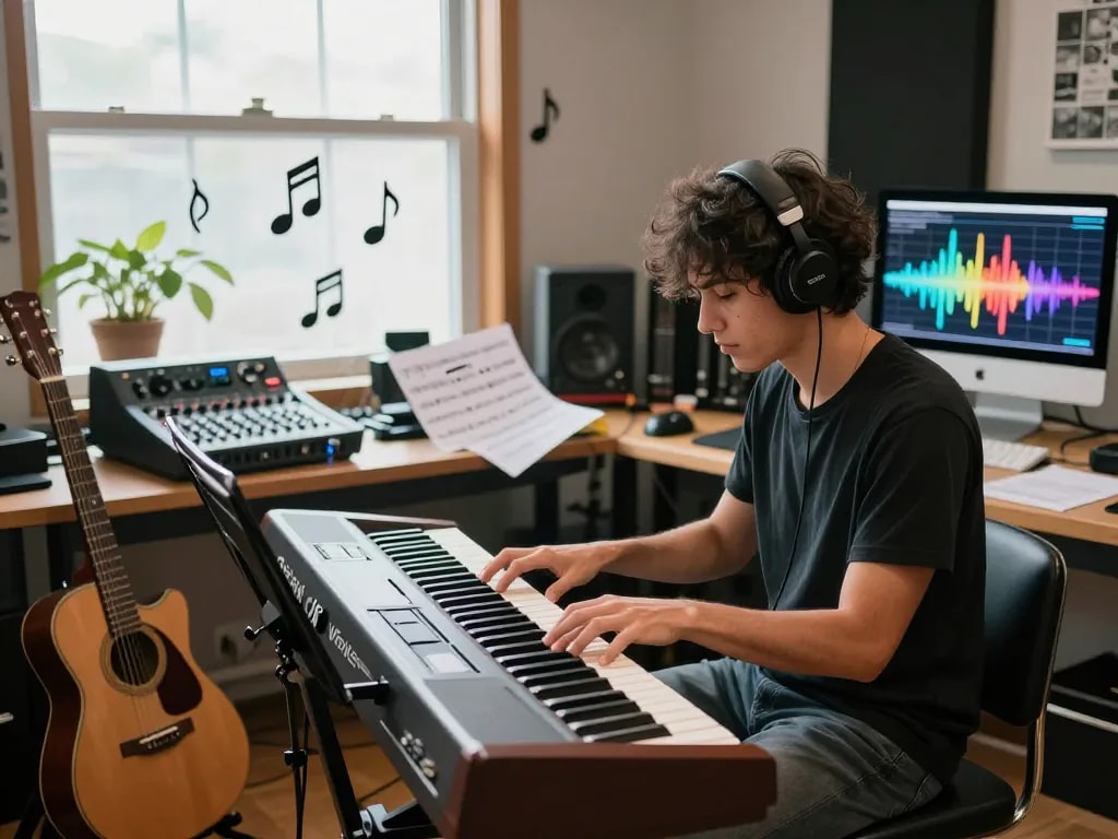 Musician playing VK88 organ in a vibrant music studio surrounded by instruments and creativity