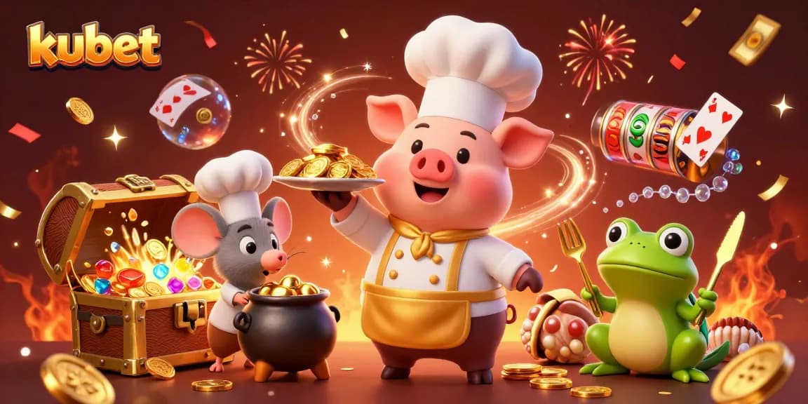 Kubet invites players to immerse in exciting games with a dynamic illustration of a pig chef, mouse sous-chef, and frog critic.