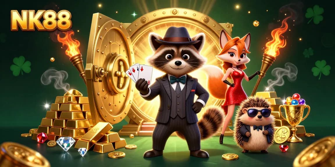 Experience the excitement of NK88 casino with charming characters and vibrant treasures in a stunning 3D illustration.