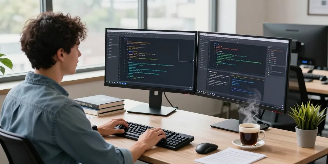 Developer at modern workspace coding in Telegram Chinese language settings