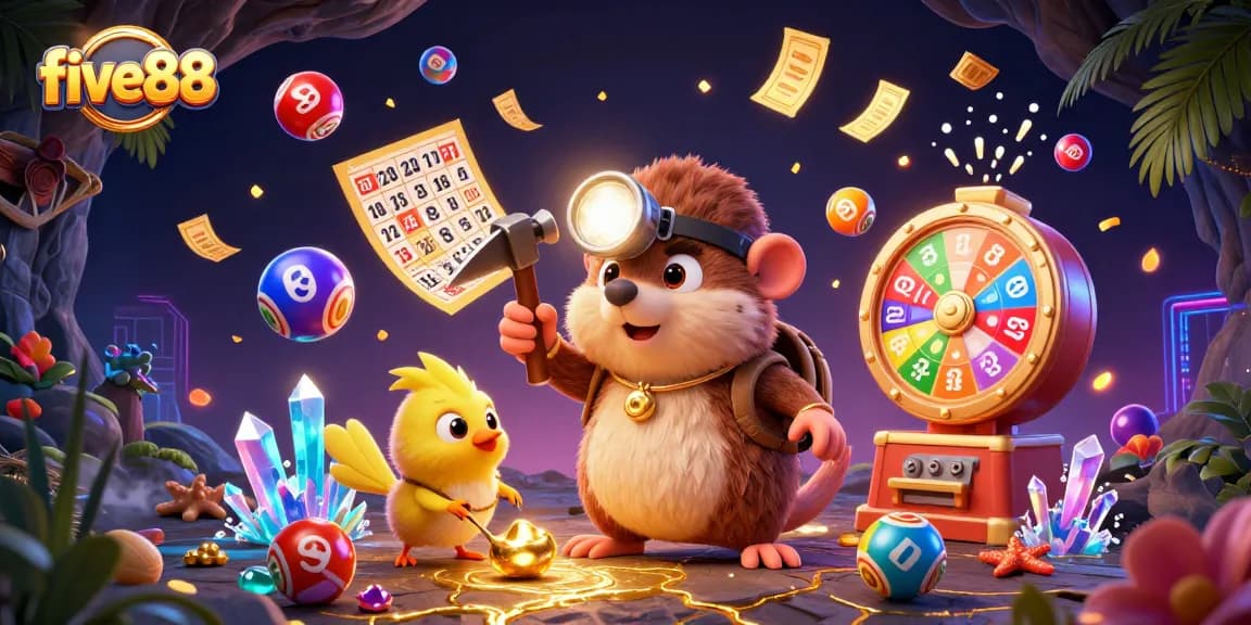 Engaging five88 scene with treasure hunter and lottery elements showcasing vibrant casino excitement