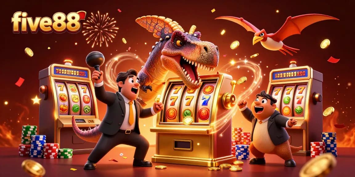 Engaging five88 jackpot scenario with cartoon dinosaurs at a slot machine amidst casino chaos