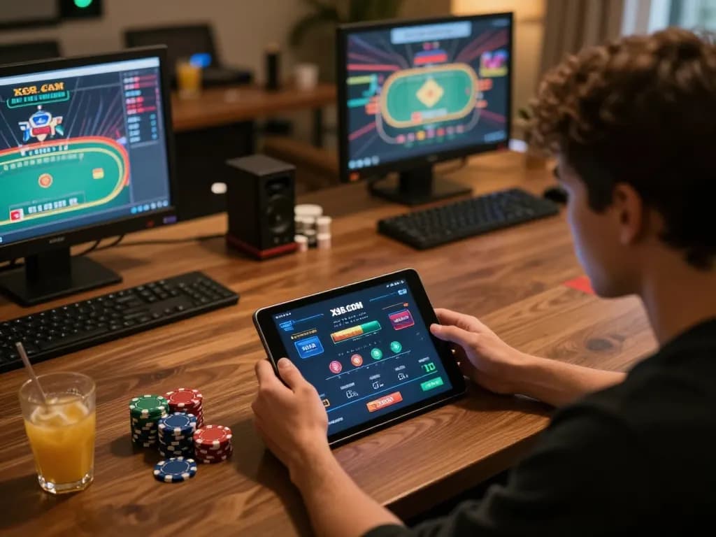 X88.COM featuring a player engaged in an online gaming session at home with a tablet, cozy setup and poker chips visible.