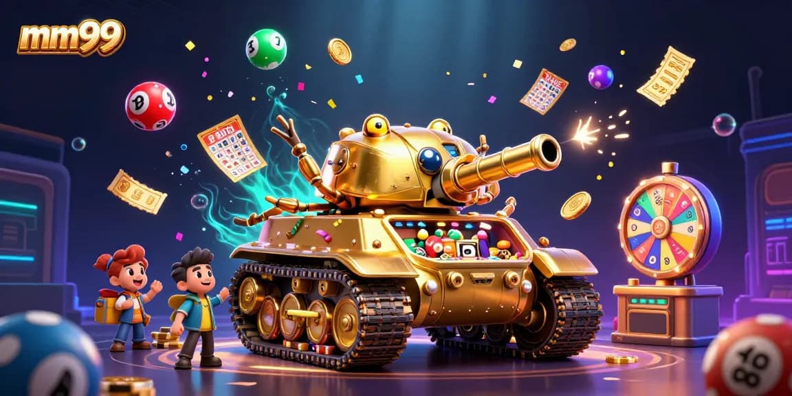 Experience the excitement of mm99 gaming with a 3D cartoon illustration of a golden beetle tank revealing a lively casino environment.