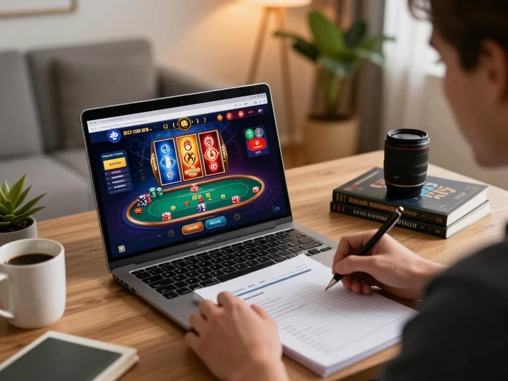 Engaging in online gambling strategies at home with xo88.fam gaming interface visible on laptop.