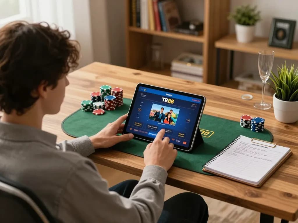 Player engages with TR88 online gaming tablet while strategizing with notes and chips.