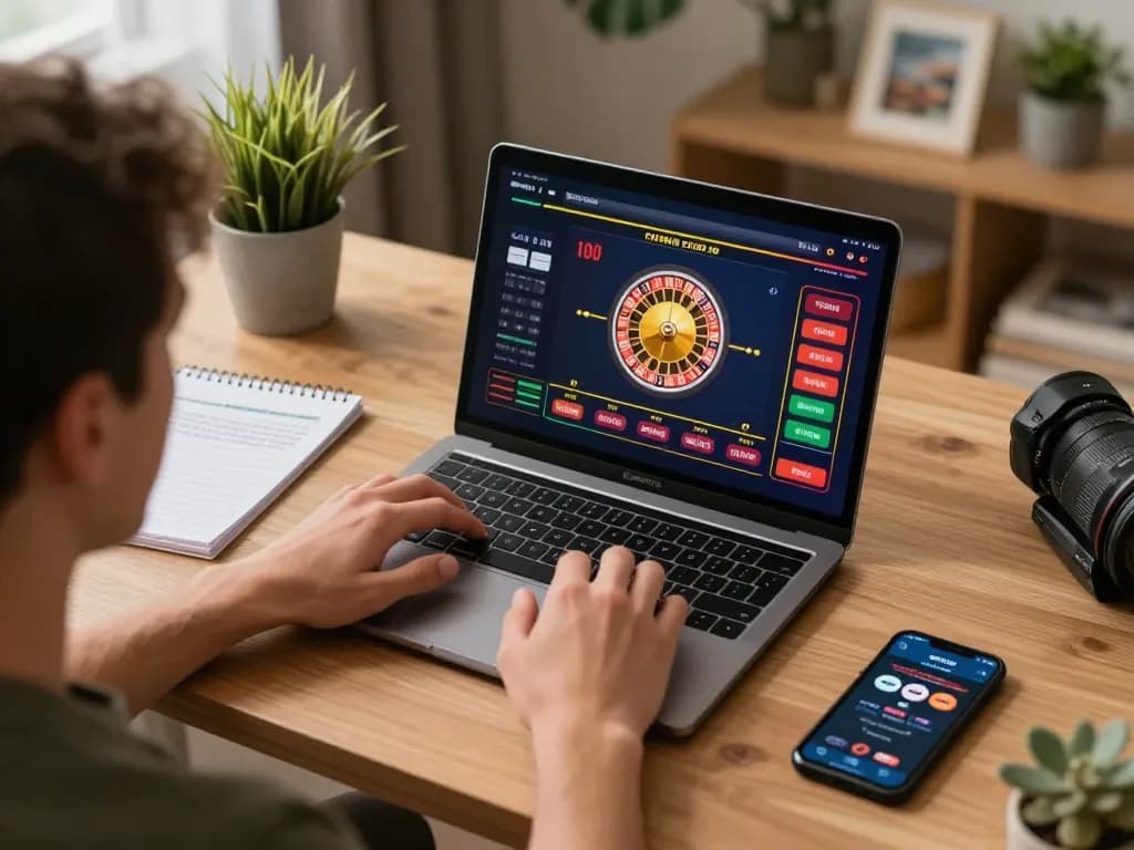 Engaging online gaming at https://tip88.buzz/ with a live dealer roulette session on laptop in cozy home office.