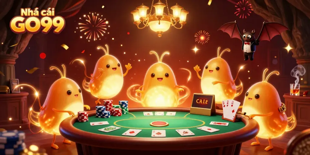 Experience vibrant gameplay at Nhà cái GO99 with glowworms illuminating a casino environment.