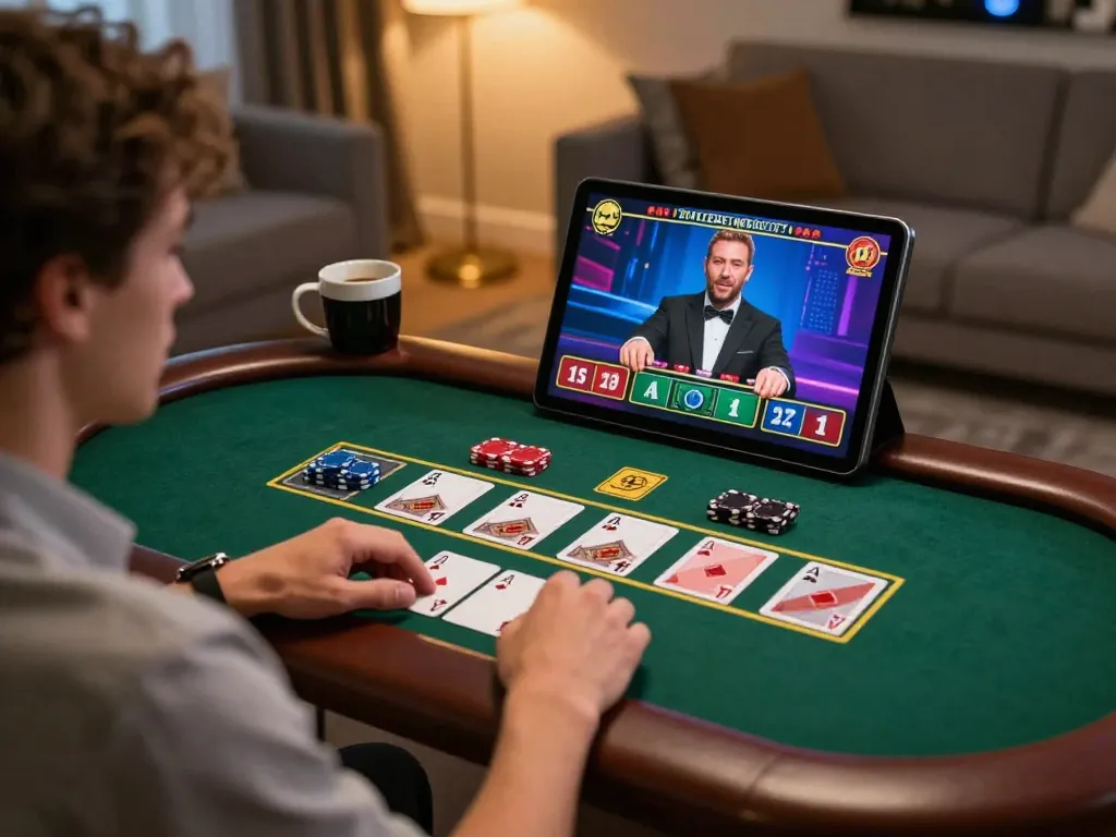 XX88 live dealer blackjack game in modern home setup showing player engaged with screen.