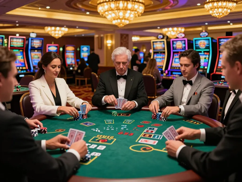 Lüks bir kumarhane ortamında kalibet oyun oturumu sırasında bir sonraki hamlelerini stratejik olarak planlayan heyecanlı blackjack oyuncuları