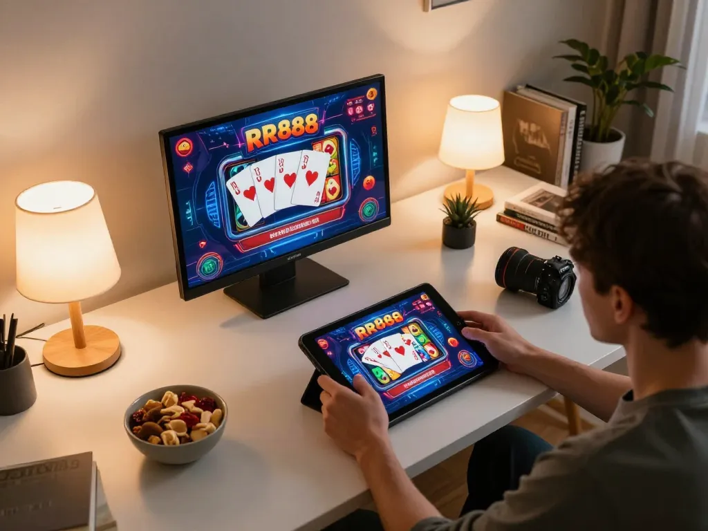 Engaging with RR888 casino games on a tablet in a cozy home setup, showcasing responsible gaming strategies.