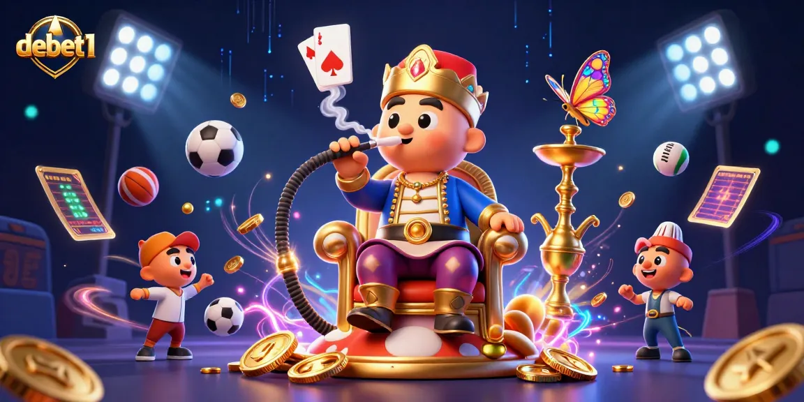 Wager exciting bets with debet1 as colorful sports elements surround a caterpillar master in an enchanting casino.
