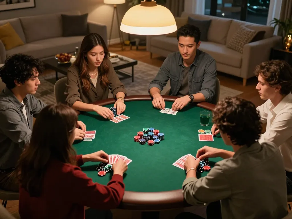 In a vibrant home setting, friends engage in an exciting poker game, showcasing nhà cái 5679 atmosphere filled with strategy and camaraderie.