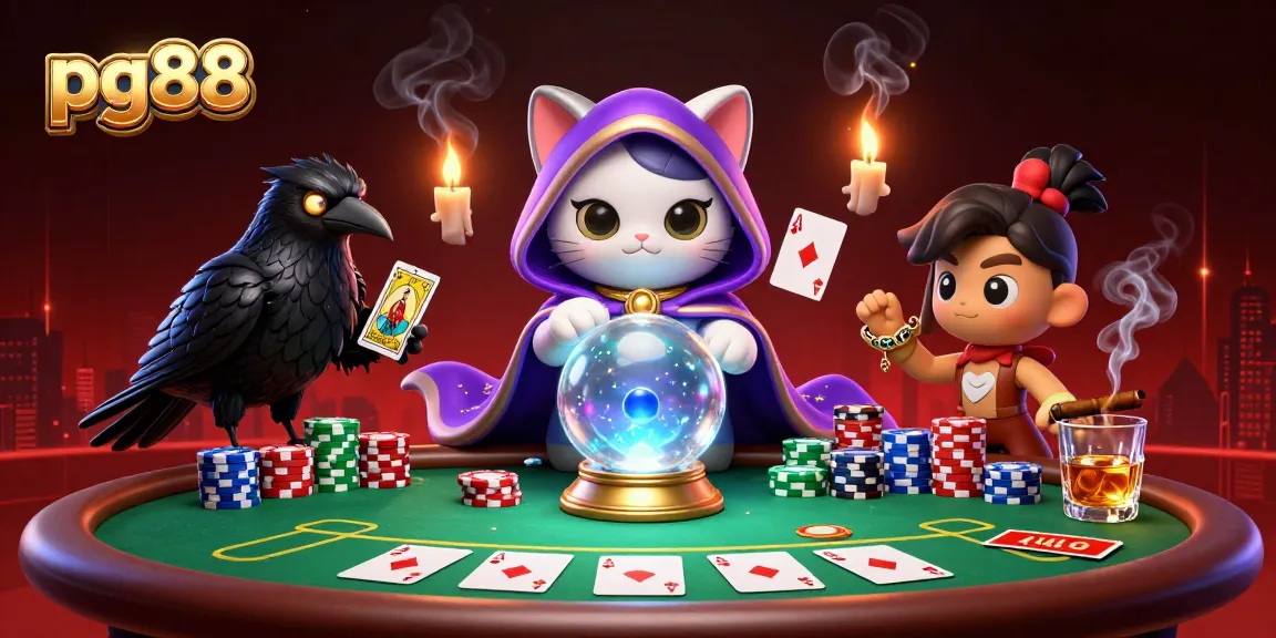 Experience thrilling poker actions at pg88 with fortune teller cat and vibrant casino elements.