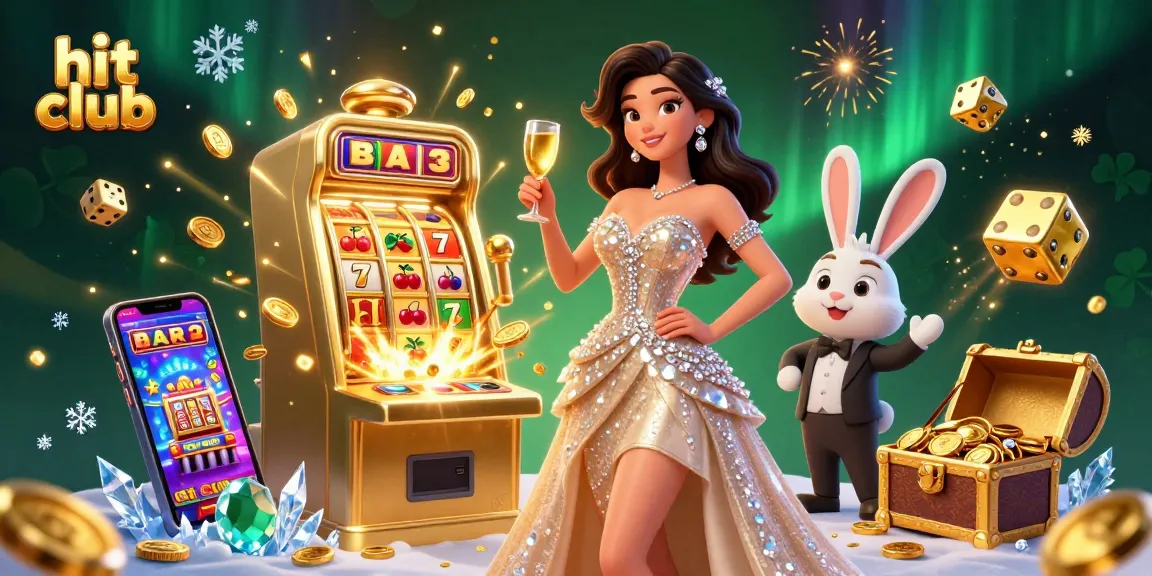 Engage with hit club as a stunning woman toasts beside a thrilling jackpot slot machine bursting with coins.