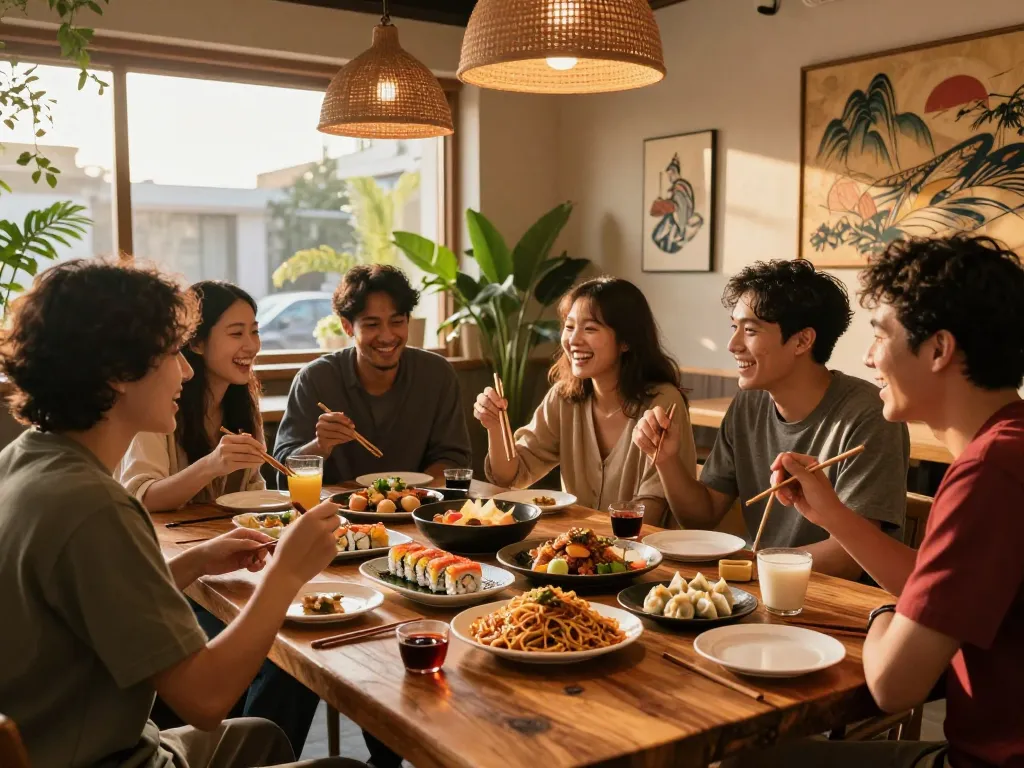 A vibrant dining experience at RED88 with friends sharing Asian cuisine.