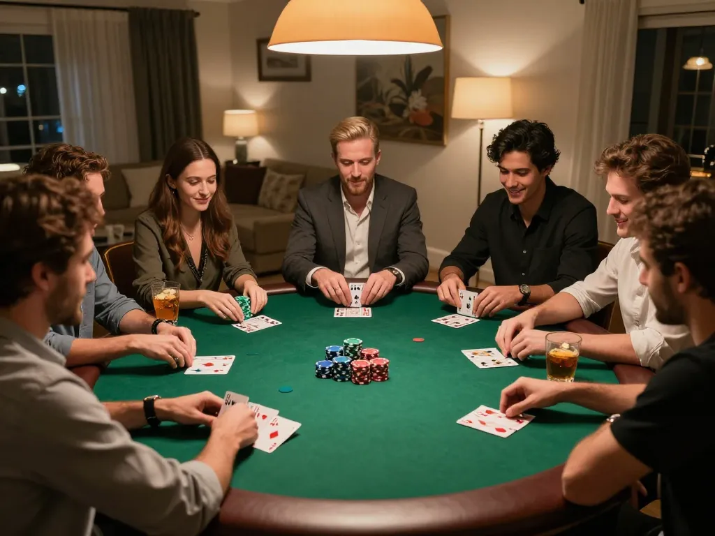 Friends enjoying a thrilling poker night with cm88casino in a cozy home setting.