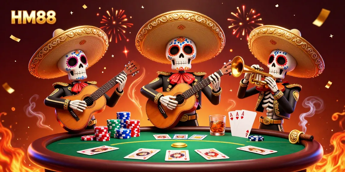 Experience the vibrant energy of HM88 with lively mariachi skeletons celebrating poker nights.