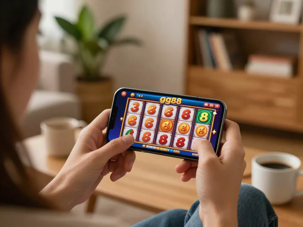 Engaging with the gg88 slot game on a smartphone in a cozy home setting for online gaming.