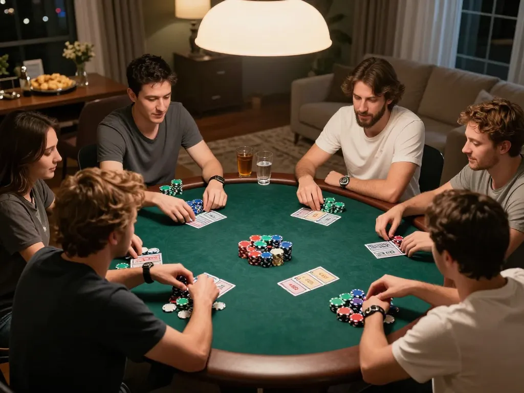 Friends engaging in a competitive poker game at home, showcasing SC88 strategic gameplay and camaraderie.