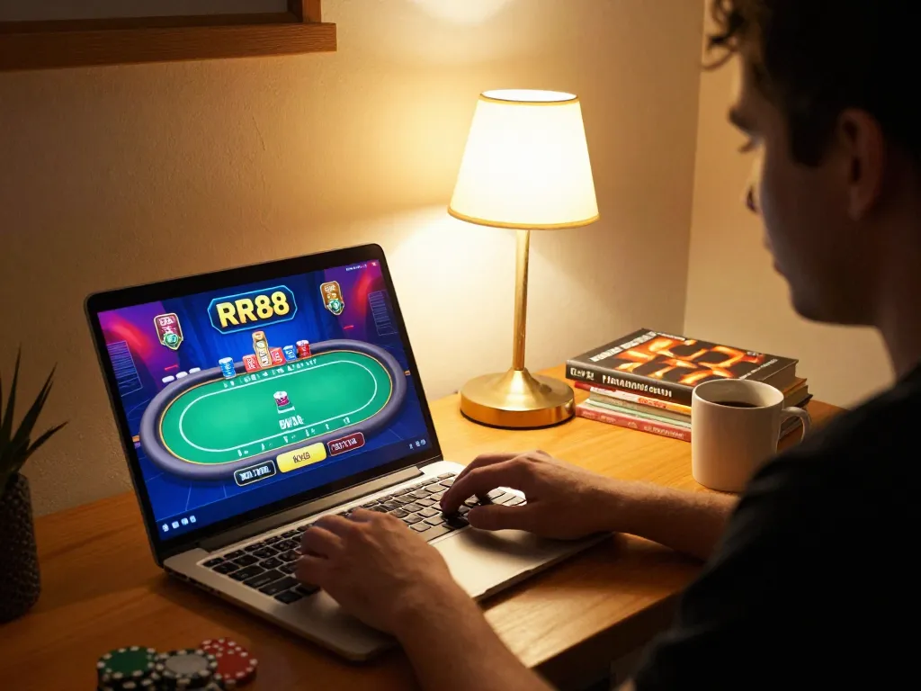 Engage in RR88 casino gameplay at home with lively poker betting interface on laptop