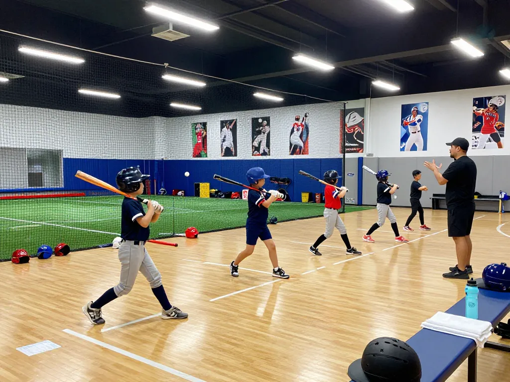 Young athletes training at hitclub baseball facility with bright lights and motivated coach.