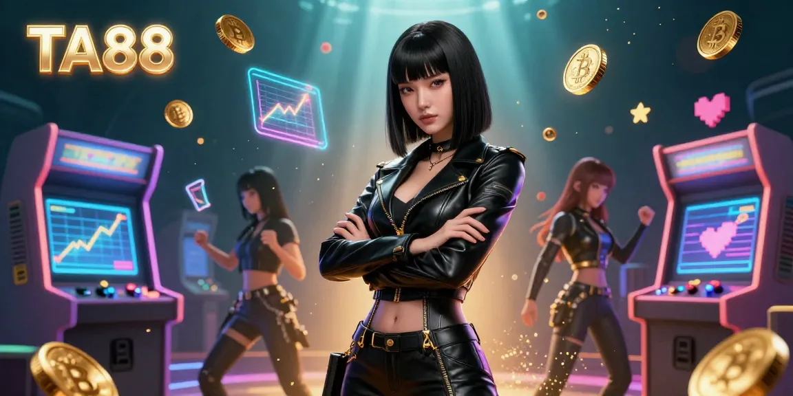 Visually engaging scene depicting TA88 with stunning Asian woman among vibrant gaming elements and cryptocurrency.