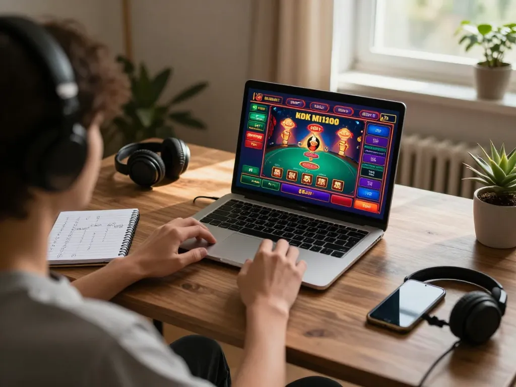 Engaging gaming session on lucky88 com interface at a cozy home desk, showcasing poker gameplay.