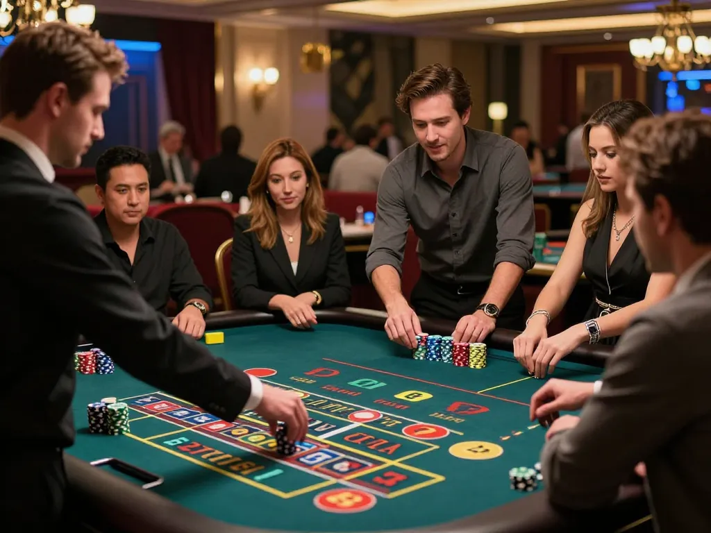 Hit club players placing bets at an exciting roulette table amidst vibrant casino atmosphere.