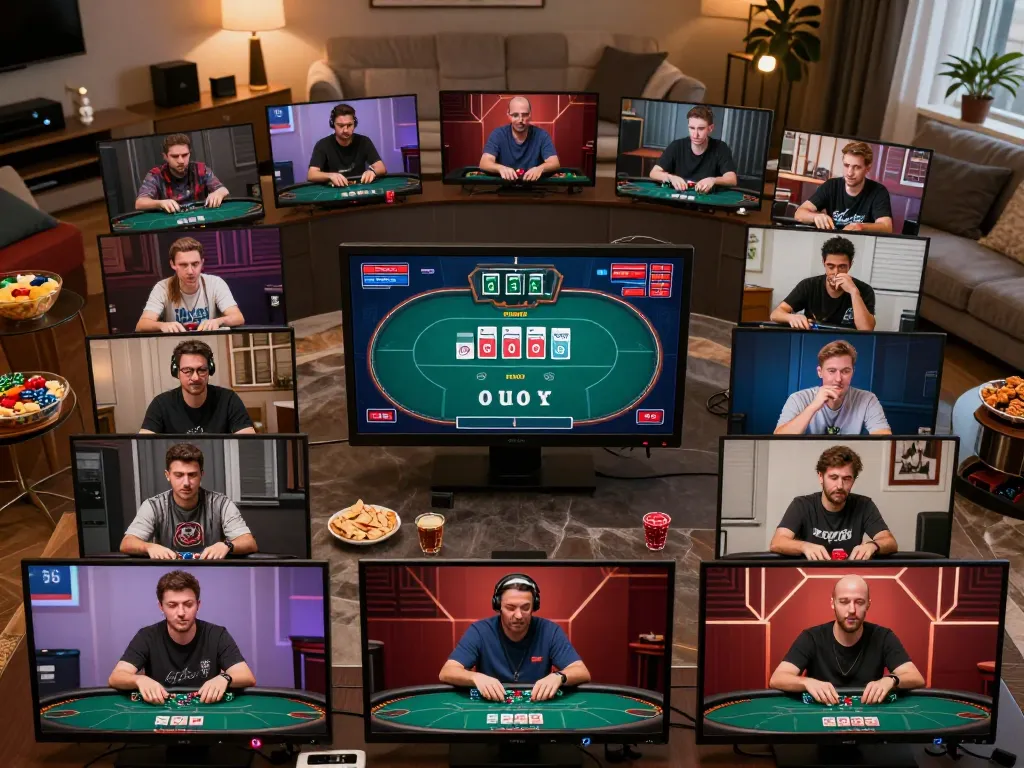 KJC online poker tournament scene displaying players engaged in strategic gameplay from home.