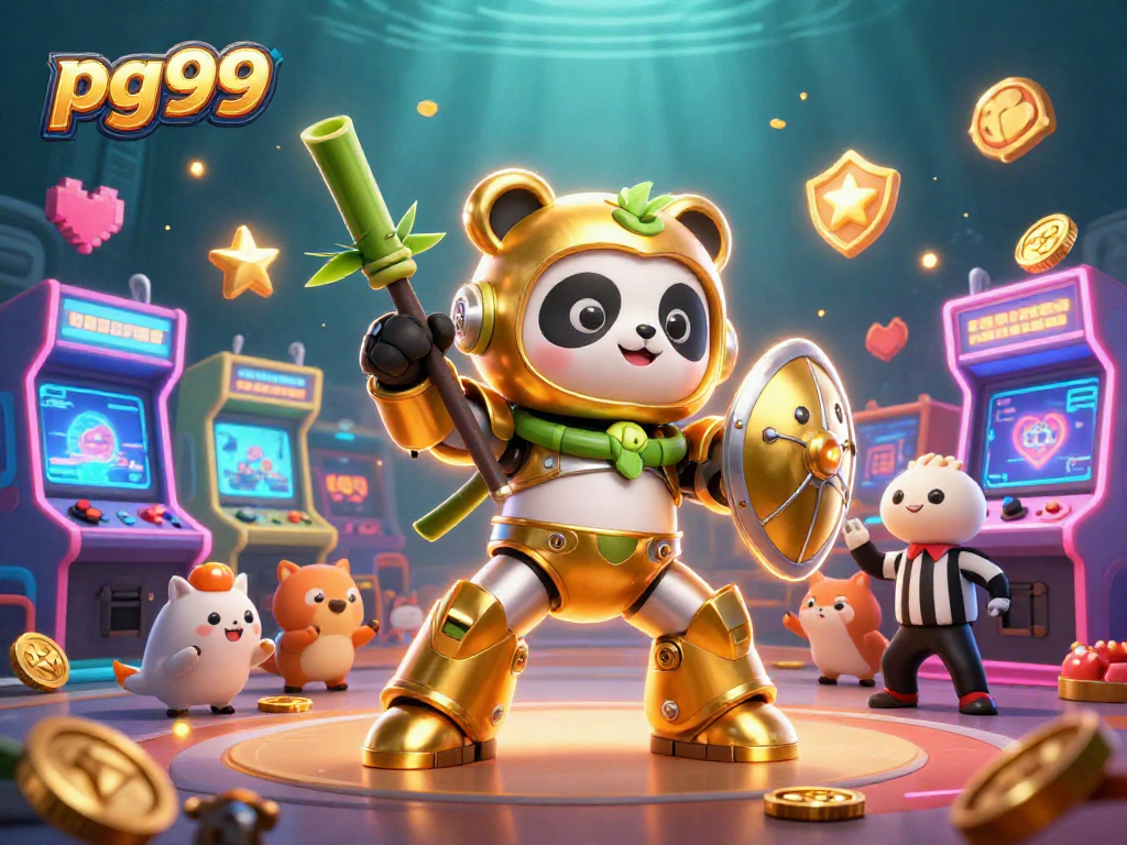 Join the excitement at pg99 with a golden panda battling in a energetic gaming arena.