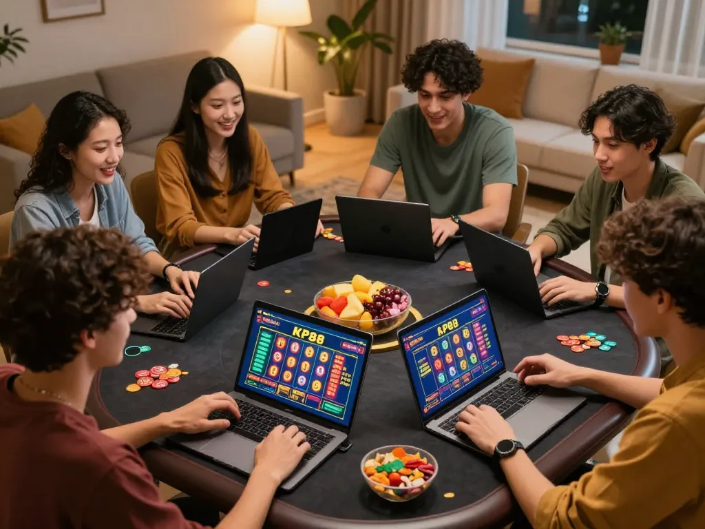 Friends playing KP88 SLOT online, showcasing excitement in a cozy home environment.