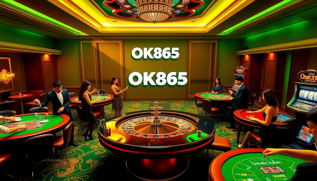 Players engaging in high-stakes gambling at OK365's luxurious casino, showcasing roulette, poker, and slots.