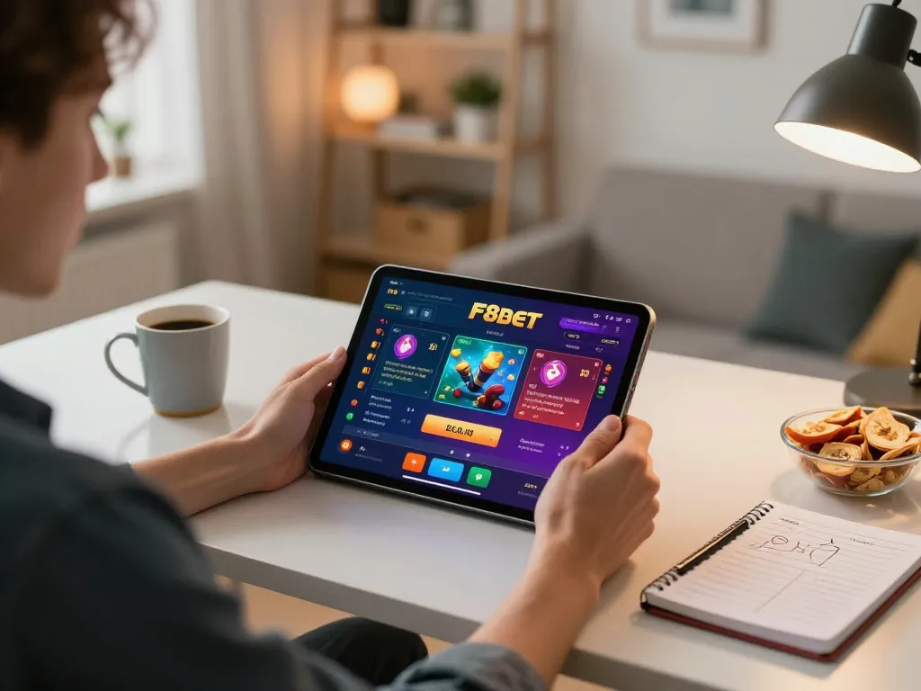 Engaging F8bet player using tablet for online casino gaming at home, showcasing unique betting options.