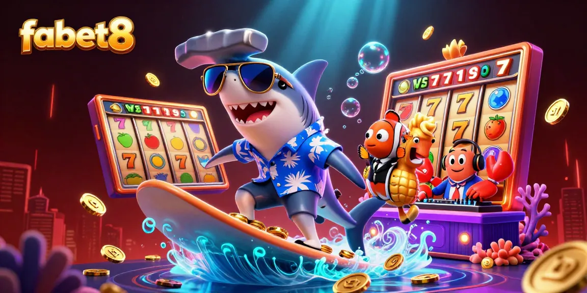 Experience vibrant slots action in fabet8 with a shark and colorful characters amid gold coins and jackpots.
