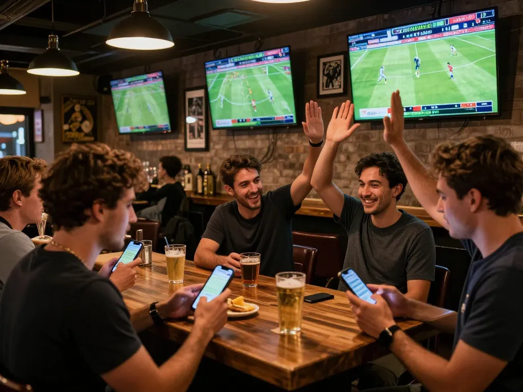 Engaging sports betting scene at a lively bar, patrons placing bets and enjoying matches at uk88.