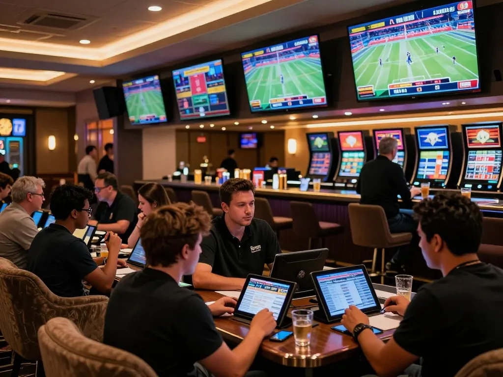 Active bettors reviewing odds on rr88bet in a stylish sports lounge, creating a thrilling wagering atmosphere
