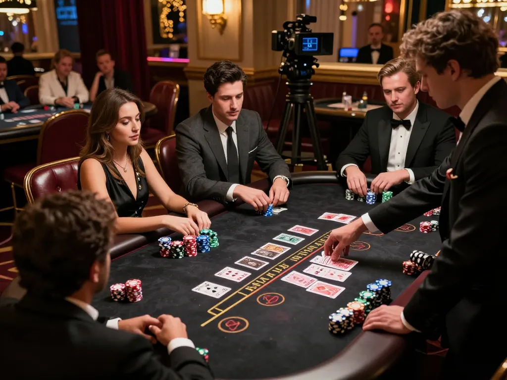 Players engage in high-stakes blackjack at a luxurious Las Vegas casino, showcasing vu88 gaming excitement.