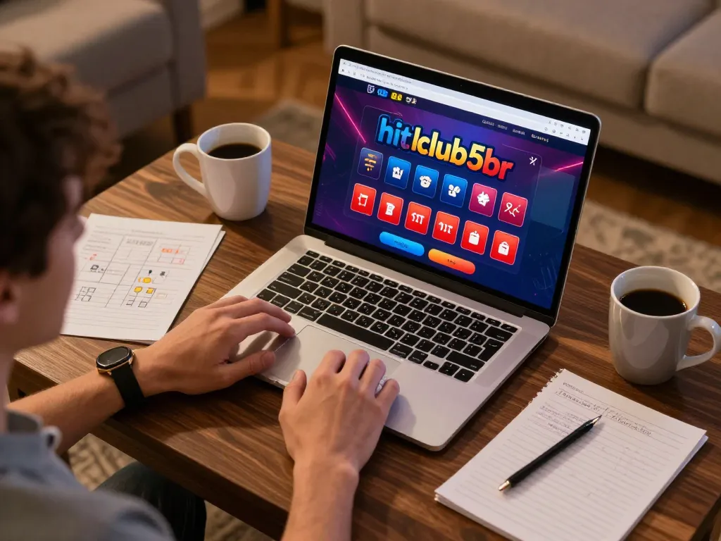 Engaged player using hitclub5br online casino platform at home, demonstrating responsible gaming practices.