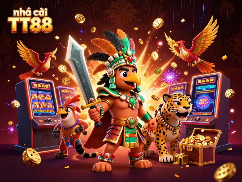 Experience the excitement of Nhà cái TT88 with a dynamic casino scene featuring 3D characters, slot machines, and colorful effects.