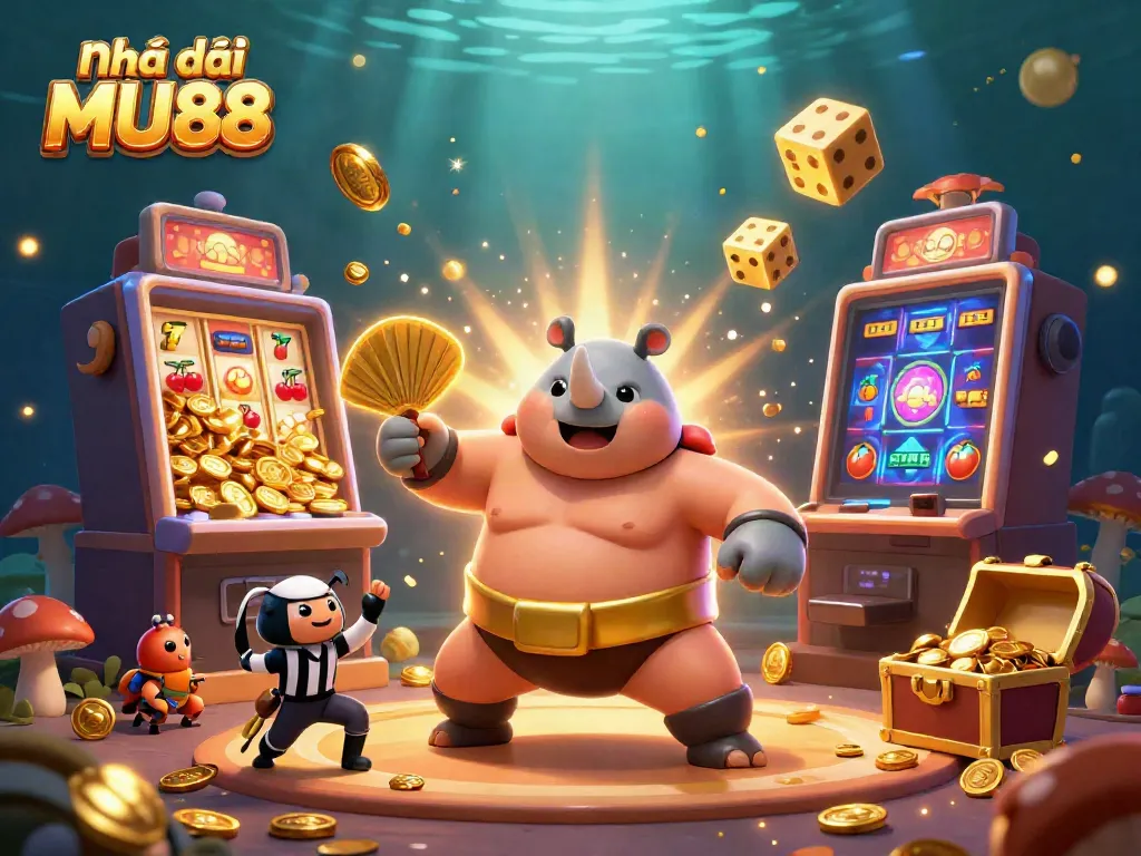 Experience the excitement at Nhà cái MU88 with a colorful casino-themed scene featuring a beetle sumo champion and slot machines.