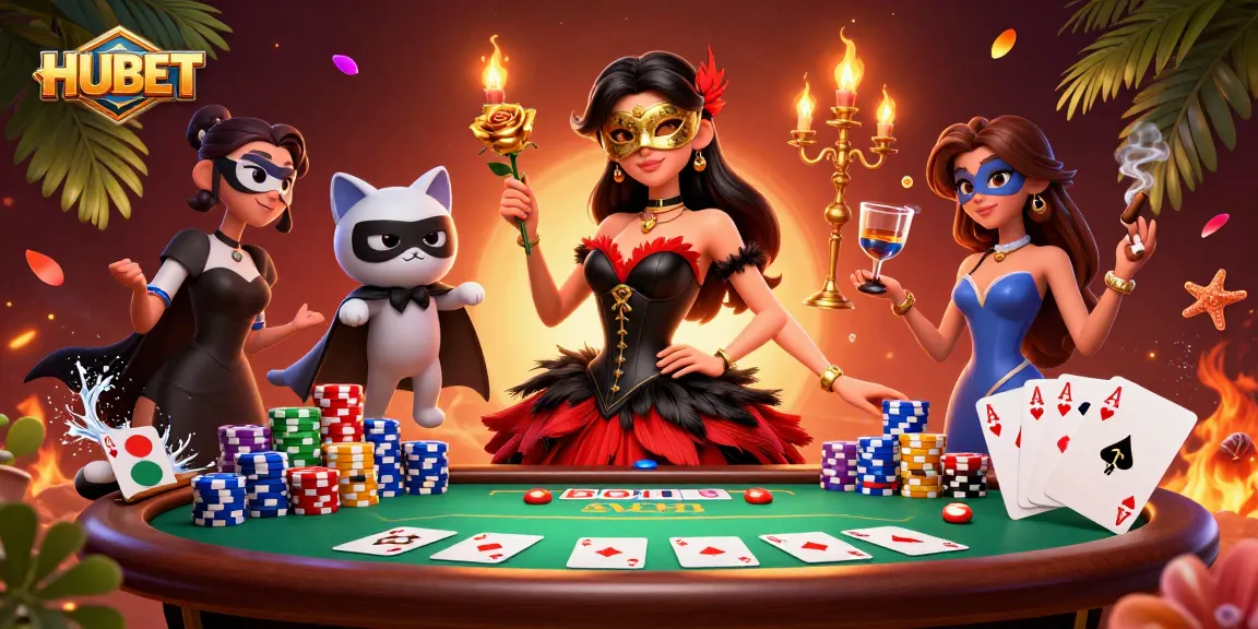 HUBET players enjoying a thrilling poker game with vibrant casino elements surrounding them.