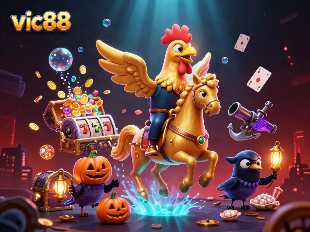 Experience thrilling gameplay at vic88 with a dynamic scene featuring a golden rooster hero in a vibrant casino.